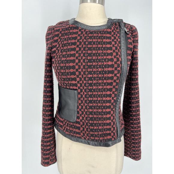 Tracy Reese Anthropologie Motto Zip Tweed Leather Trim Red Black Jacket Blazer 2 - Picture 2 of 16